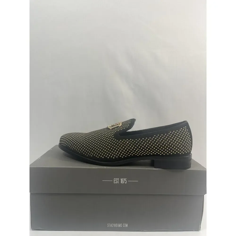 Stacy Adams Swagger Shoes Mens Size 7.5 Black Gold Dress Loafers Slip On New Box